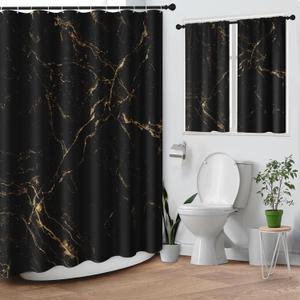 Marble Black Gold Shower Curtain Set, Abstract Art Bathroom Window Waterproof Shower Curtain Set for Bathroom Decor (Modern 8)