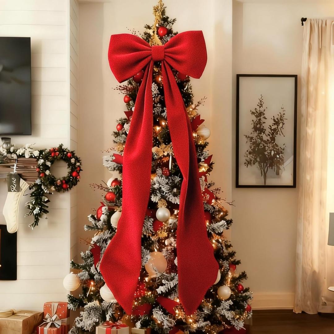 Red Big Bow Decor, 50 x 20 Inch Large Ruby Red Velvet Bow as Christmas Backdrop Wedding Birthday Party Room Wall Decor, Large Giant Valentine's Day Decorations (Heavyweight Velvet, Shaping Process)