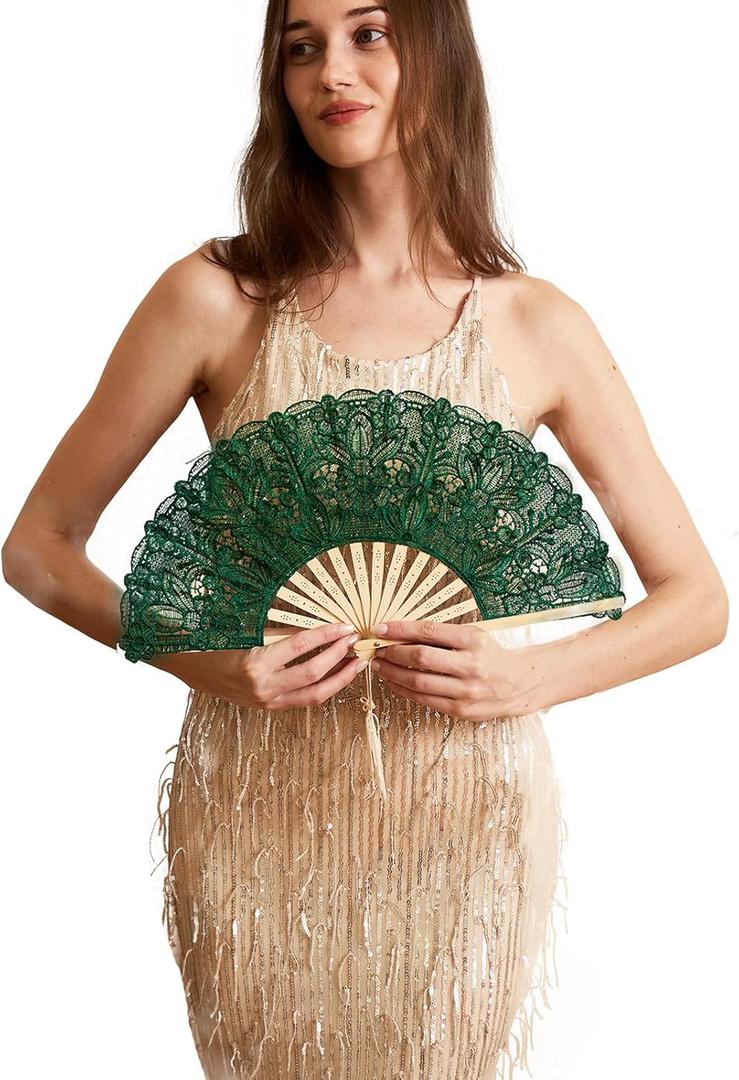 Happy Feather Lace Fan with Folding Handheld, Embroidered Flowers Pattern Hand Fans for Wedding Bridal Tea Dancing Party -Green (Greem)