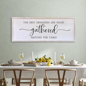 The Best Memories Are Made Gathered Around The Table Wall Decor 40"x15" Large Rustic Farmhouse Dining Room Wood Framed Modren Signs Kitchen Home Simple Hanging Wall Art (White)