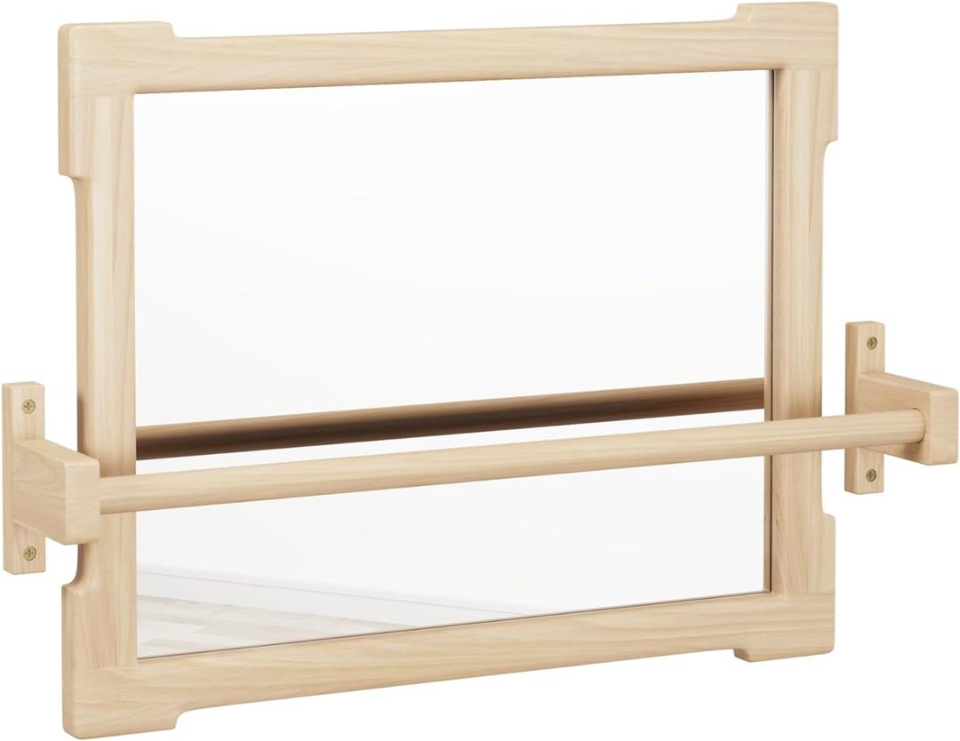 Montessori Based Small Mirror with Short Wooden Pull up bar, Gift for Kids Baby Registry Item