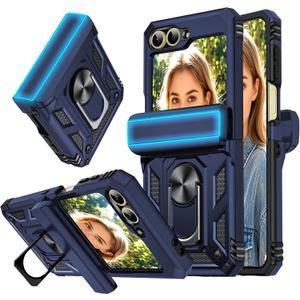 LeYi for Samsung Z-Flip 6 Case, Samsung Galaxy Z Flip6 Case with Slide Camera Cover, Heavy Duty Double Layer Military Grade Case Cover with Magnetic Ring Kickstand for Samsung ZFlip 6, Blue