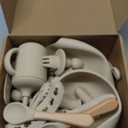 LITTLE RAWR Silicone Baby Feeding Set 14 Pcs,Baby Led Weaning Supplies, Baby Spoons Suction Bowl Divided Plate Bib Cup Finger Brush,First Stage Solid Food Eating Utensils - 6+ Months(Beige)