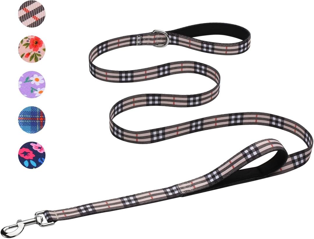 Hikiko Padded Two Handle Dog Leash 6 Ft for Medium Large Dogs, Strong Traffic Handles Lead for Walking Training (Beige Plaid) (1 in x 6 ft)