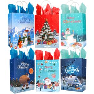 Evechole 24 Pack Christmas Gift Bags with Tissue Paper, Christmas Paper Bags with Handles 6 Styles Xmas Treat Bags Xmas Goody Bags Bulk Holiday Candy Goodie Bags for Xmas Winter Party Favors Supplies