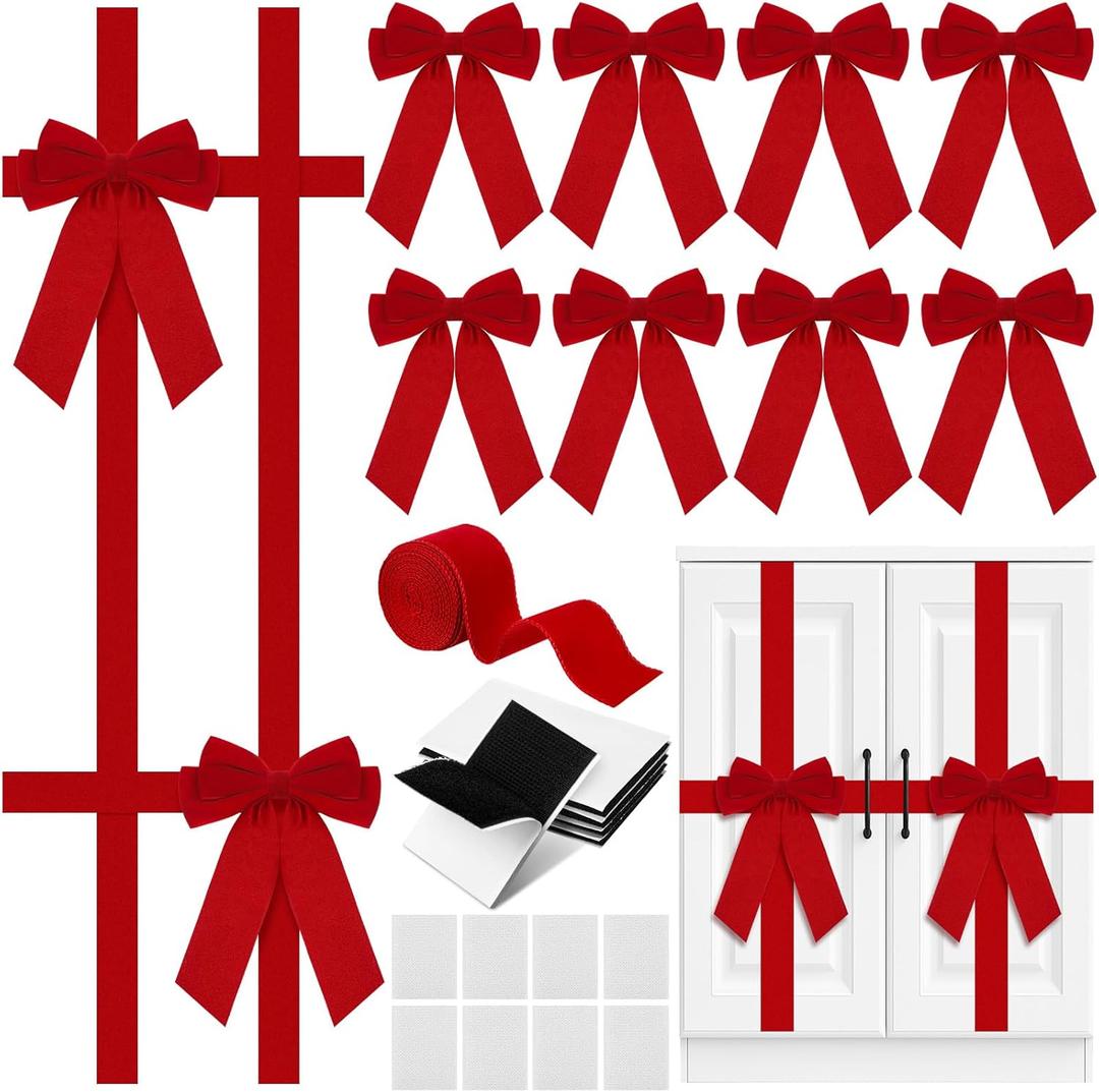 8 Pcs Velvet Christmas DIY Cabinet Ribbons Bows Large Christmas Door Ribbon Cabinet Bows with 20 Meter Velvet Ribbons for DIY Xmas Kitchen Cabinets Decor Gift Wrapping Decorations(Red)