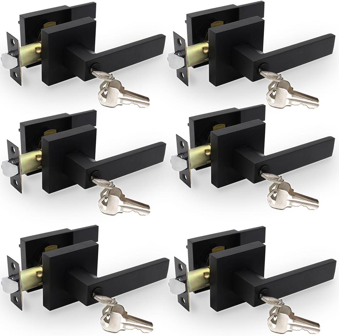 Privacy Door Levers, 6 Pack Matte Black Door Handles Heavy Duty with Lock and Key,for Bedroom, Bathroom and Rooms,Reversible for Left and Right