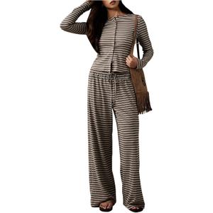 WDIRARA Women's Striped 2 Piece Pants Outfits Long Sleeve Button Down Knit Top Set Leisure Fall Casual, XS