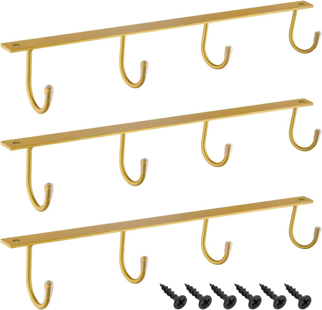 MOCOUM Under Cabinet Metal Mug Holder - Iron Hanging Rack for Coffee Cups and Kitchen Utensils Display (Gold, 3)