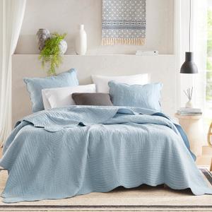 Madison Park Queen Quilt Set Damask Coverlet Set for Queen Size Bed, Cottage Oversized Quilt Set, Scallop Edge, All Season, Pre-Washed Cotton-Filled Queen Size Quilt, Tuscany, Full/Queen Blue 3 Piece