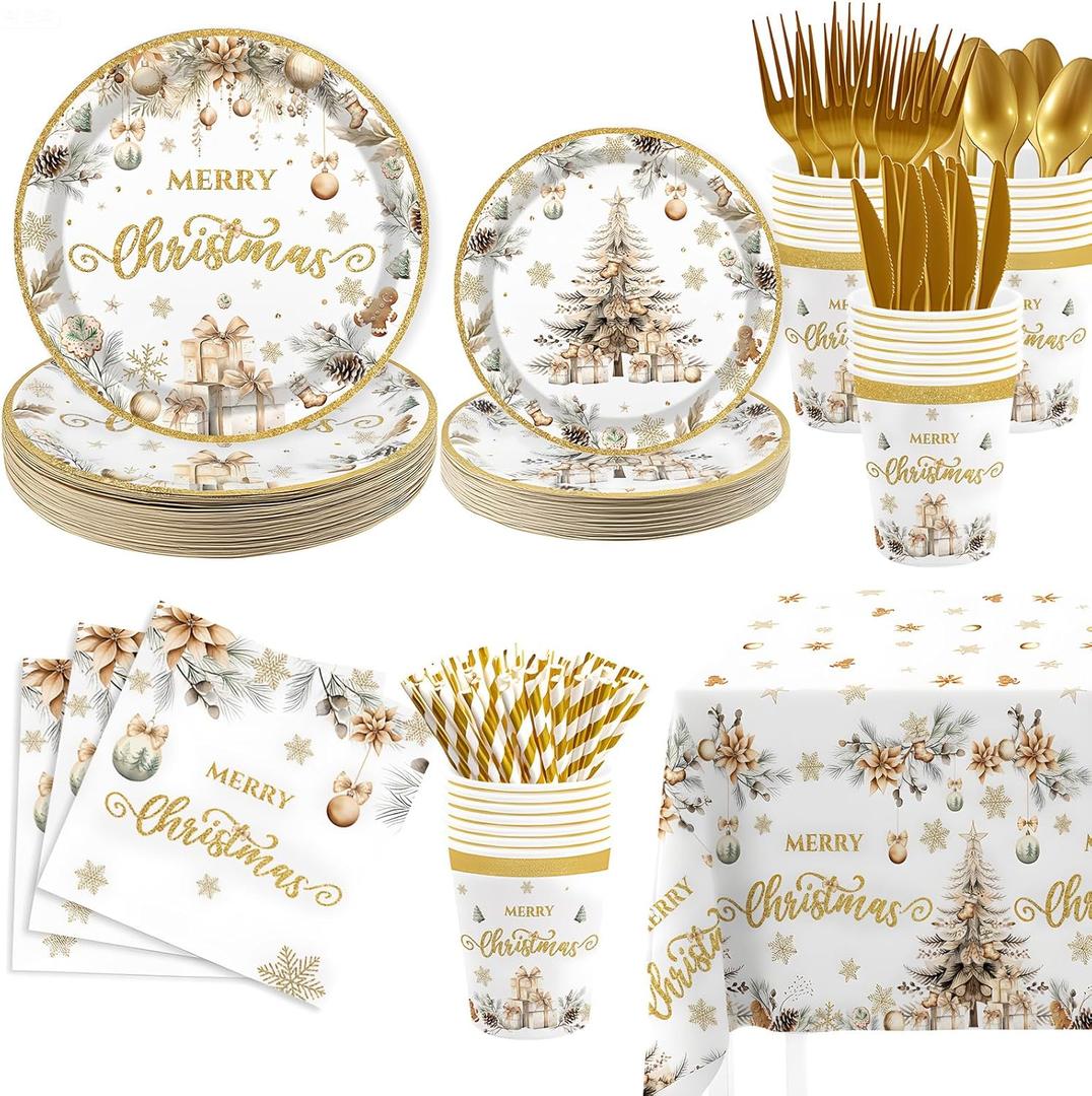 MEHOFOND Christmas Party Supplies193PCS, Gold Christmas Tree Disposable Dinnerware Paper Plates, Napkins, Cups, Cutlery,Tablecloth for Xmas Holiday Party Decor, Serve 24 Guestst