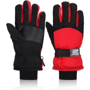 Geyoga Kids Waterproof Winter Snow Ski Gloves for Boy Girl Outdoor Warm Thickening Snowboard Gloves (6-10 Years, Red)