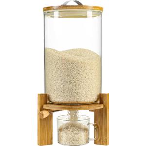 Rice Dispenser, Rice Storage ContainerFlour and Cereal Container with Airtight Lid and Wooden Stand, Glass Food Storge Container for Kitchen Organization and Pantry Store (8L), Large