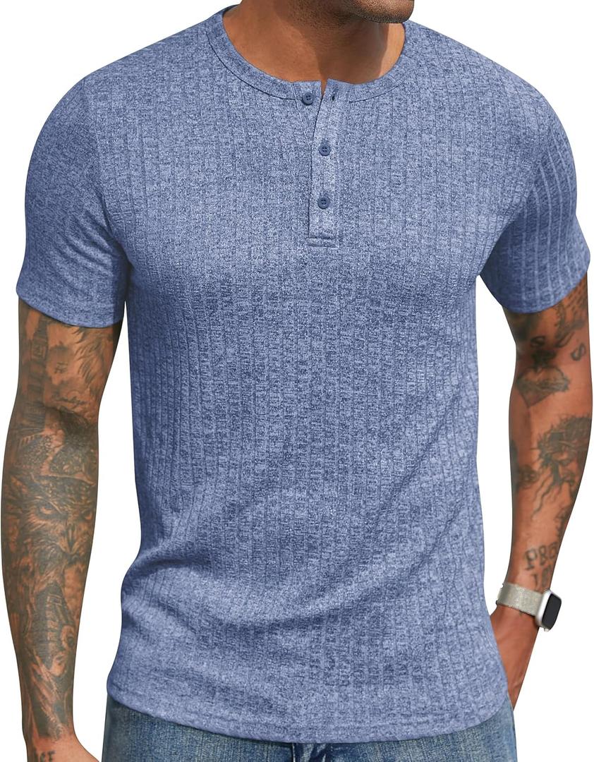 Men's Polyester Blend Slim Fit Short Sleeve Casual Henley Shirt (Blue, XL) Men's Polyester Blend Slim Fit Short Sleeve Casual Henley Shirt (Blue, XL)