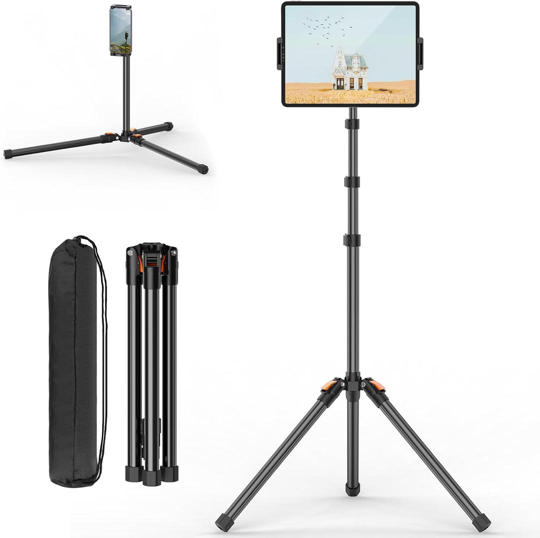 XXZU 72in Tablet Floor Stand Tripod,Tablet Stand Floor with 360 Ball Head,Height Adjustable Floor Stand Holder with Case,Tall Tripod for Phone/Music/Stream/Recording and All 4.7-13 Devices (Black-orange)