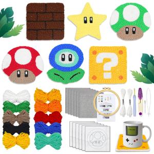 Groodo Punch Needle Coaster Kit, 6PCS Easy DIY Embroidery Set for Beginners, Kids & Adults Good Gift with Patterns, Tools, Yarns, Hoop, Instructions & Coaster Holder