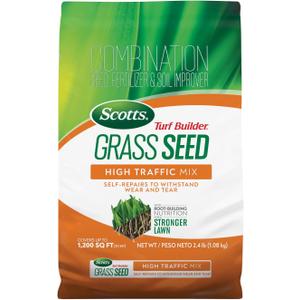 Scotts Turf Builder Grass Seed High Traffic Mix - Grass Seed Plus Lawn Fertilizer and Soil Improver, Self-Repairs, Covers Up To 1,200 sq. ft., 2.4 lb.