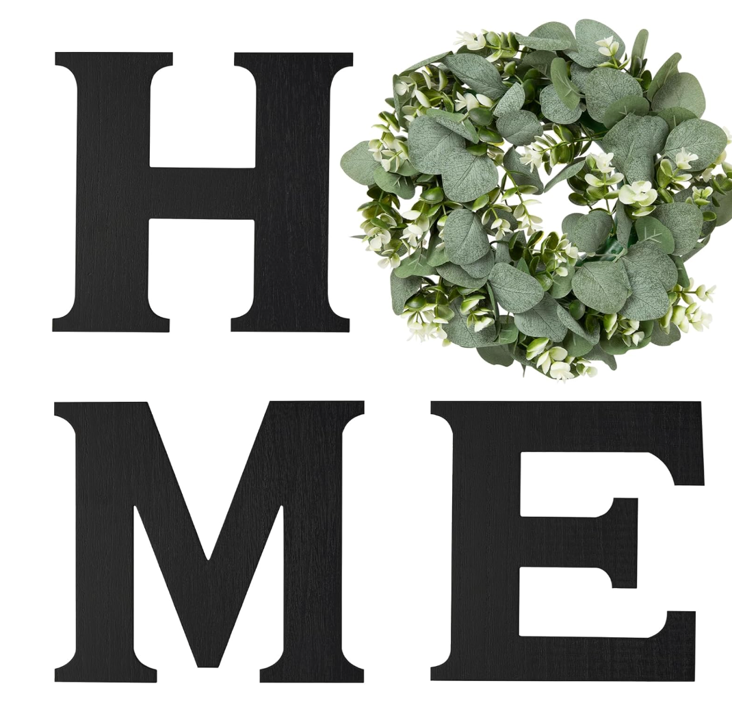 Mkono Farmhouse Wall Home Sign with Artificial Eucalyptus for O Rustic Wooden Hanging Letters Decorative Wall Art Decor for Living Room Kitchen Entryway Housewarming Gift, Black
