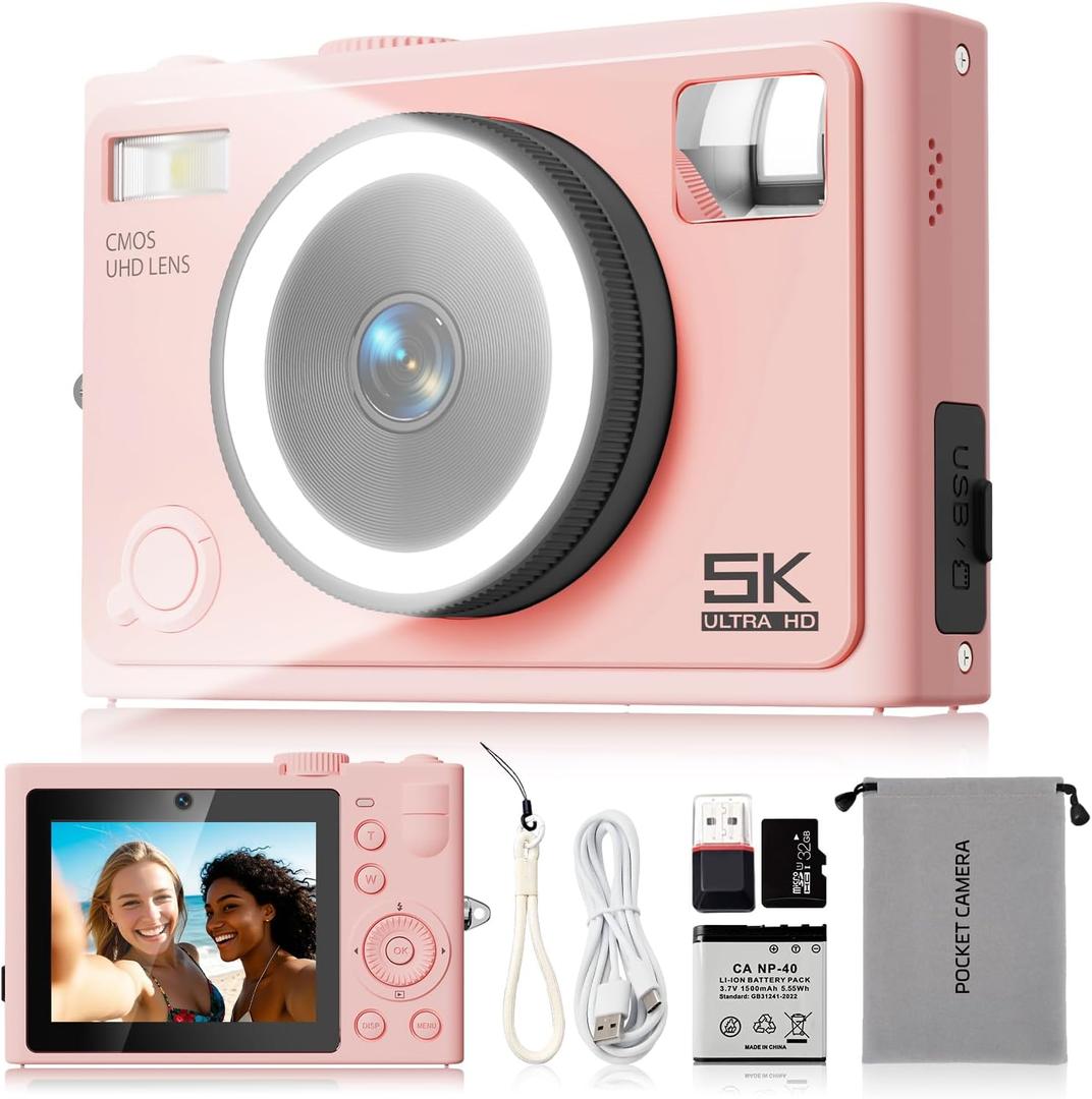 5K Digital Camera  64MP Autofocus Beauty Camera with 360 Ring Light Smart Skin Recognition, 32GB SD Card that Makes Dark Light Shooting Worry-Free, Point and Shoot Camera for Teens Beginners Pink