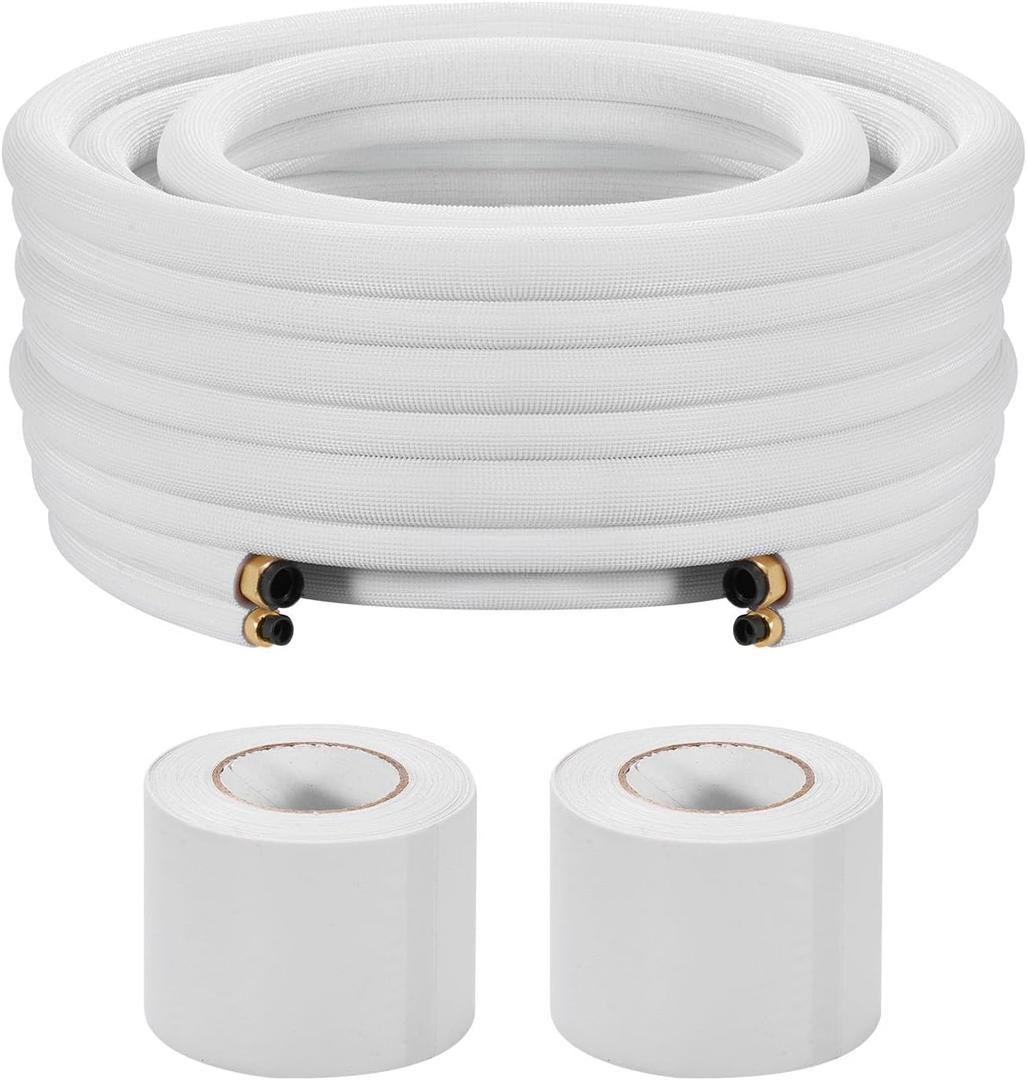 VEVOR 50ft Mini Split Line Set, 1/4 & 3/8 OD AC Copper Tubing Pipe, 3/8 White PE Thickened Insulated Coil with Flared Nuts, Strapping Tapes, for Mini Split Air Conditioner HVAC or Heat Pump System