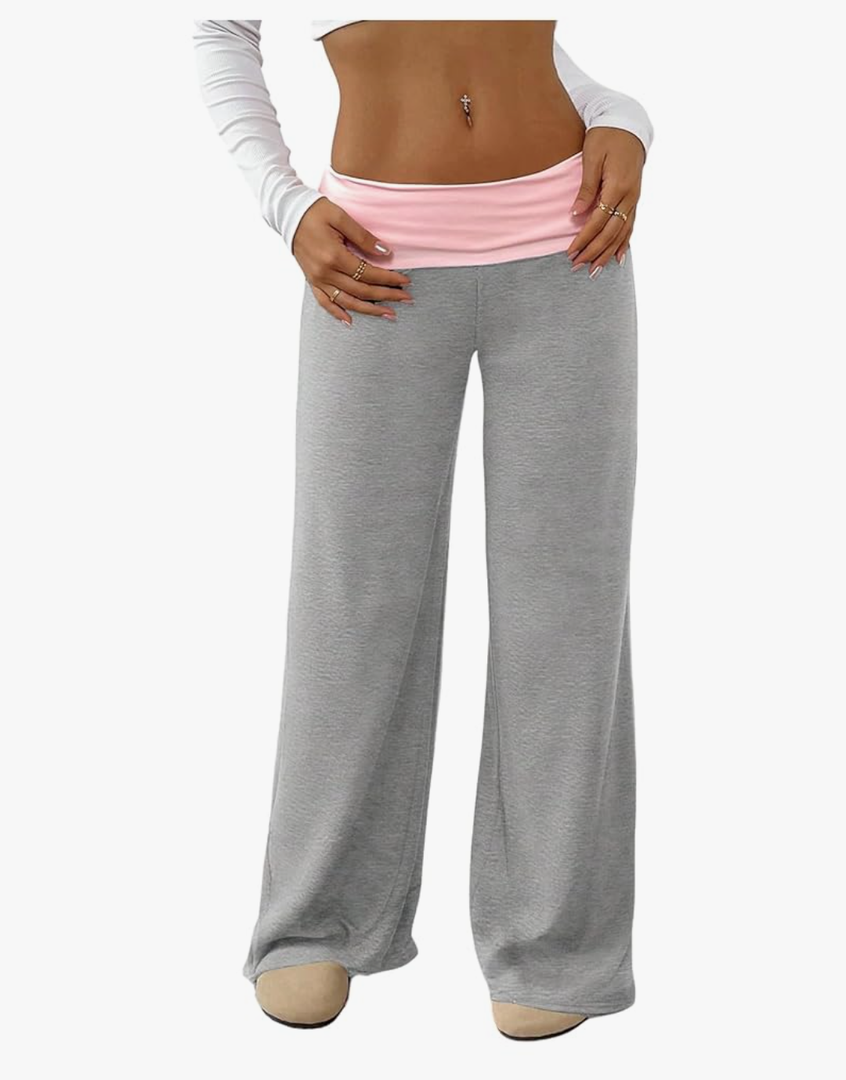 SOLY HUX Women's Sweatpants Color Block Low Rise Fold Over Waist Baggy Wide Leg Pants M