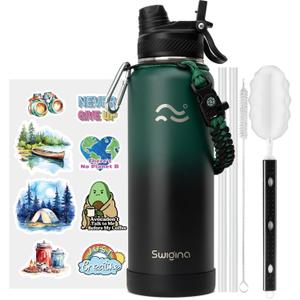 Swigina Insulated Water Bottle with Silicone Boot (36hrs Cold/18hrs Hot) - DIY Stickers, [2-in-1 Lid], BPA Free, 40 oz