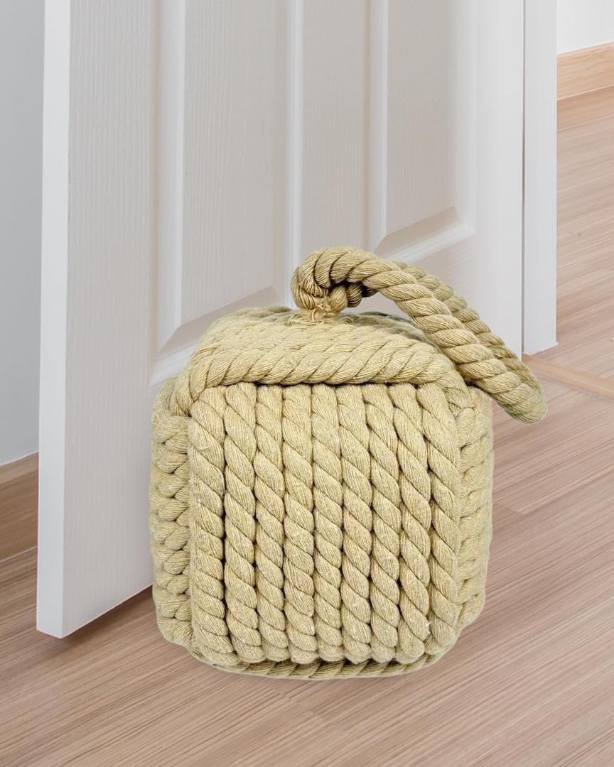 5.5 Lbs Weighted Decorative Door Stopper for Bottom of Door, Cute Door Stop for Heavy Duty Doors, Soft Rope Knot Doorstop for Nautical Home Decor, Natural