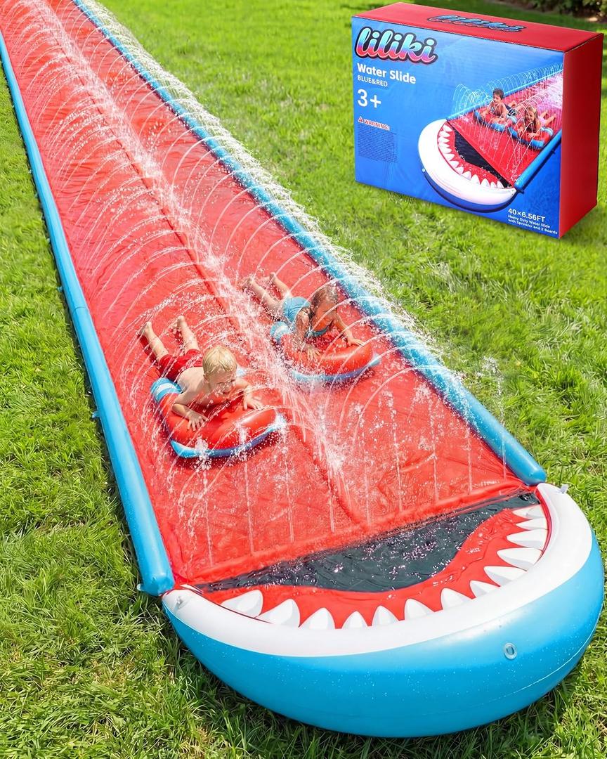 406.56FT Heavy Duty Slip and Slide with Sprinkler and 2 Boards, Slip Splash and Slide with 3-Way Water Sprinkler, Giant Lawn Water Slide for Outdoor Backyard Lawn Kids Teens and Adults (Blue & Red)