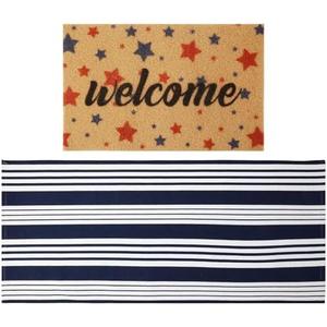 Maasechs 2 Pcs 4th of July Doormat 24'' x 51'' Patriotic Outdoor Rug and 18'' x 28'' Red Blue Star Coir Doormat Welcome Mat Independence Day Non Slip Floor Mat for Entrance Front Porch
