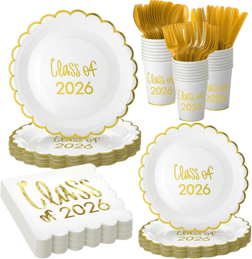 Affrolling Class of 2026 Graduation Party Supplies, 175 Pcs Congrats Grad Paper Plates Napkins and Cups Cutlery Disposable Tableware Set for College High School Congrats Decorations, Serves 25 (Gold)