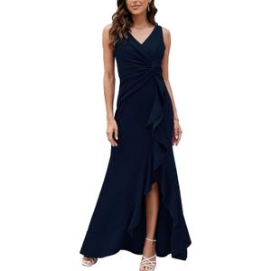 FQA Formal Evening Dresses for Women Elegant Evening Party Prom Dress Long Sexy V Neck Sleeveless Split Wrap (Large, Navy Blue)