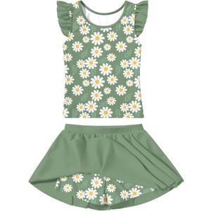 Girls Swimsuit 2 Piece Ruffle Bathing Suit UPF 50+ Tankini Swimsuit Skirt with Lining (7-8 Years, A1-green Daisy-04)