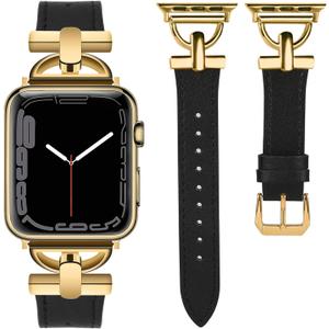 Wearlizer Leather Band Compatible with Apple Watch Bands Women 41mm 40mm 38mm 49mm 46mm 45mm 44mm 42mm, Fancy Dressy Strap for iWatch Series 11 10 9 8 7 6 5 4 3 SE/Ultra 3 2 1 (Black/Gold)