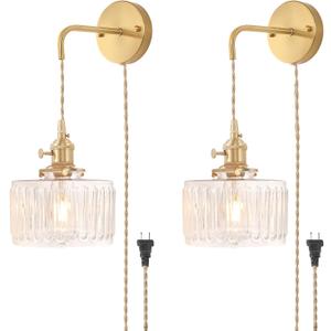 Shenmoyl Vintage Wall Sconce with Clear Striped Glass Shade Hanging Wall Sconce with 4.9FT Plug in Cord, Modern Wall Lamp Fixtures Decor for Bedside Bedroom Indoor Doorway, Set of 2