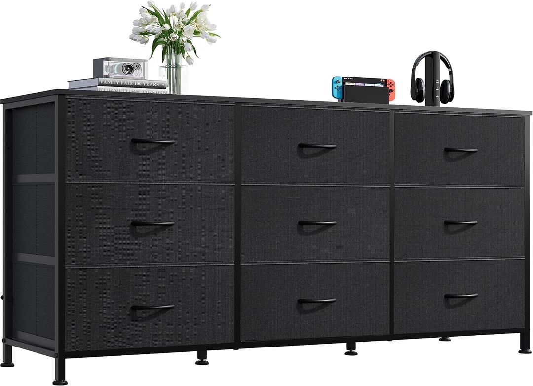 WLIVE 47''W Dresser for Bedroom, Black Dresser TV Stand for 45, 50, 55 inch TV, Wide Chest of Drawers with 9 Drawer, Large Entertainment Center, Fabric Dressers with Wood Top for Closet, Living Room