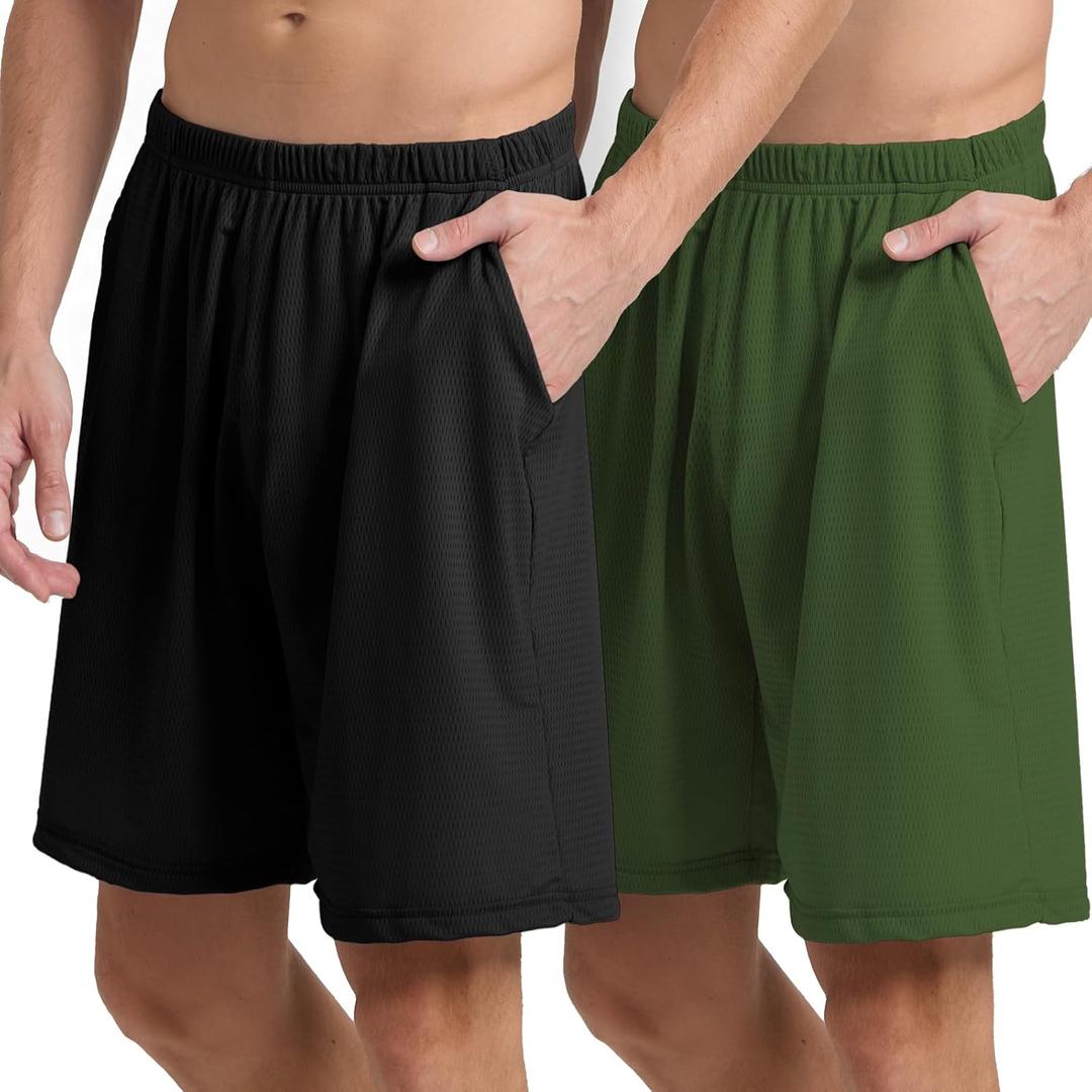 Mens Athletic Running Shorts 2 Pack Quick Dry with Pocket Gym Workout Shorts for Men Mesh Swim Trunks Board Pajama (Large, Black/Olive Green)