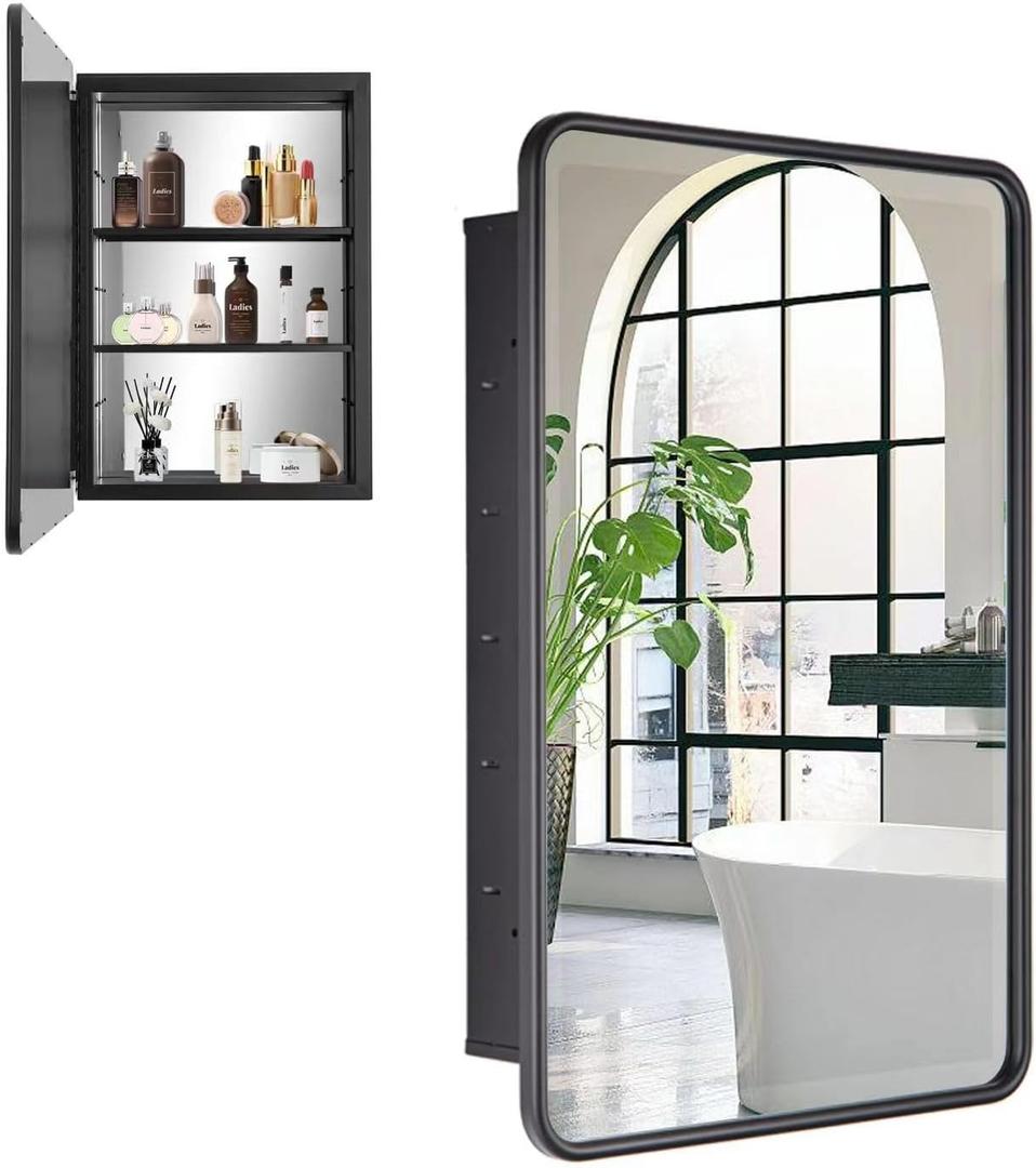 Black Bathroom Medicine Cabinet with Mirror 16 x 24 Metal Frame Recessed Or Wall Mounted Single Door Storage Medicine Cabinet with Adjustable Shelves Rounded Rectangle Beveled Mirror