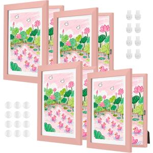 ABCHIOPQ 4 Pack Pink Kids Art Frame, 8.5x11 Front Opening Wood Kid Artwork Frames Changeable, Wallmounted or Standing Children Art Frame with Mat, Holds 150 Pcs, Drawing Display Storage Frames