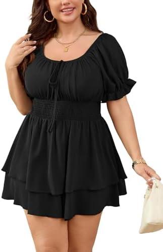 SCOMCHIC Women Plus Size Romper Dress Summer Short Jumpsuit Square Neck Puff Sleeve High Waist Ruffle Boho Jumpsuits 2XL