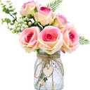 Fake Flowers with Vase, Artificial Velvet Roses Faux Plant Flower Arrangement Suitable for Home Office Living Room Bathroom Decoration, Dining Table Centerpiece (Pink)