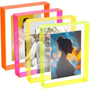 Kathfly 4 Pcs 5x7 Floating Picture Frame Acrylic Frames for Wall Mounted or Tabletop Standing Decorative Magnetic Photo Frames Neon Translucent Hanging Frame, Display Photo up to 7x9 (Trendy Colors)