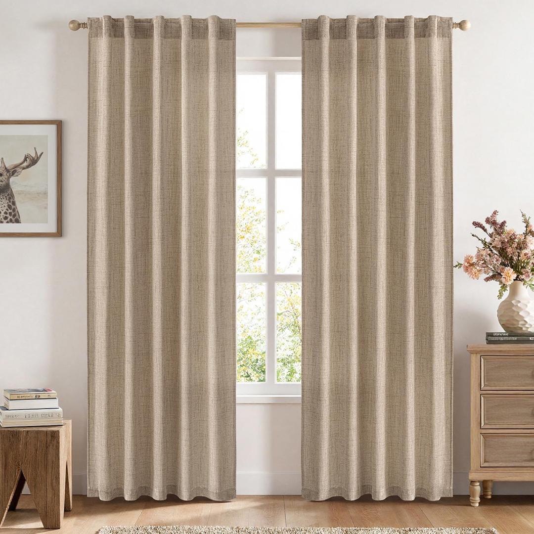 MIULEE Faux Linen Curtains Panels Semi Sheer Curtain with Back Tab Rod Pocket, Light Filtering Window Privacy Burlap Drapes for Living Room Bedroom 84 Inch Length 2 Panels Copper Brown 42W x 84L