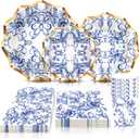 Lide Road Chinoiserie Wavy Party Supplies Tissue Wavy Paper Plates Napkins Cups 72PCS - Blue Floral Theme Disposable Tableware Set Serves 8 Guests
