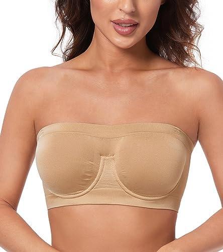 HACI Women's Non Padded Strapless Bra Underwire Bandeau Seamless Multiway Supportive Tube Top,L, Beige