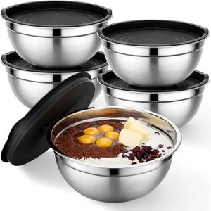 Beasea Mixing Bowls with Lids Set of 5, 4 QT Metal Stainless Steel Nesting Mixing Bowls with Lids, for Baking, Dough Bread Prepping, Salad, Food Serving and Kitchen Storing