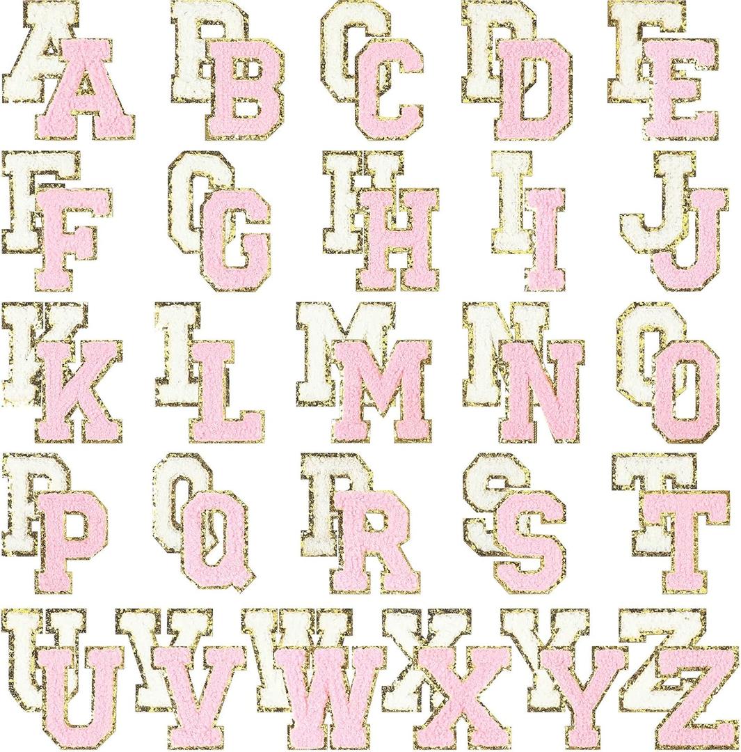 CHENGU 52 Pieces Chenille Letter Patches A-Z Alphabet Iron on Patches Bulk Gold Glitter Border Repair Embroidered Patch for Clothing Caps Sweaters Bags Jackets Shirt(Pink, White, Glitter Style)