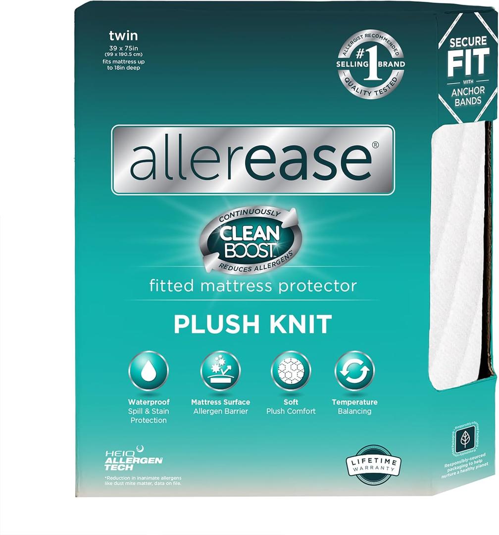 AllerEase CleanBoost Plush Knit Soft Waterproof Mattress Protector Twin Size Allergen Barrier Temperature Balancing Machine Washable Mattress Cover with Elastic Anchor Bands Mattress Cover (White)