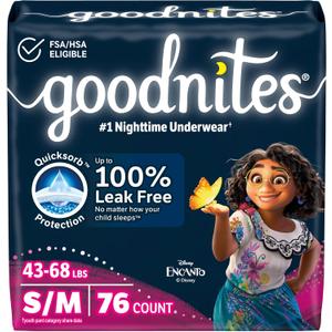 Goodnites Girls' Bedwetting Underwear, Size S/M (43-68 lbs), 76 Ct (2 Packs of 38), Packaging May Vary