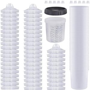 Disposable Paint Sprayer Mixing Cup for Automotive Paint Gun, HVLP Paint Spray Paint Gun 20 Ounce (600ml) Kit with 50 Cups and Lids System, 1 Hard Cup with Retainer Ring and 10 Plugs