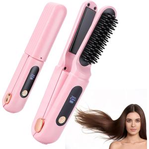 Cordless Hair Straightener Brush, Portable Travel Hair Straightener, 2 in 1 Cordless Mini Rechargeable Flat Iron & Hair Straightener Brush with Dust Cover, Digital Display (Pink)